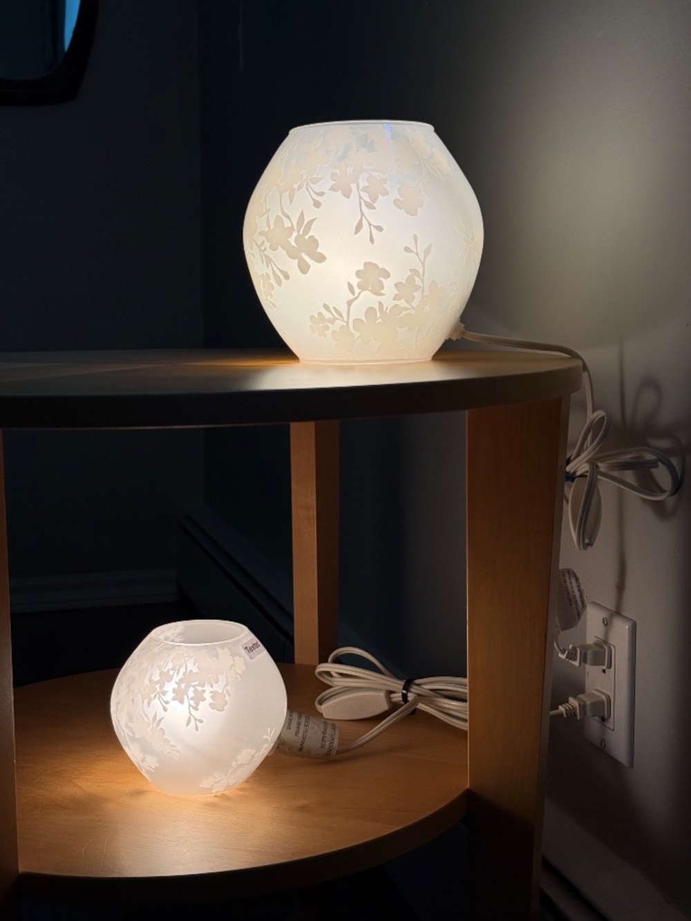 Set of 2 Vintage IKEA KNUBBIG SM & MED White Cherry Blossom Glass Plug-In Lamps